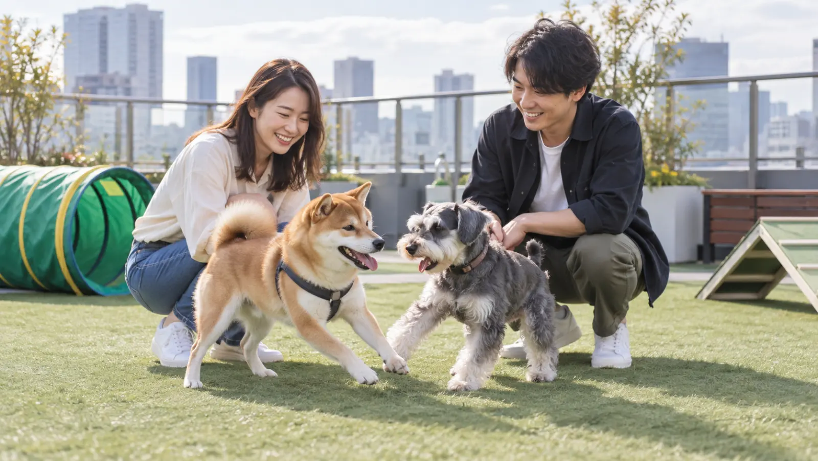 街のドッグランで、柴犬とシュナウザーと遊ぶ二人(イメージ)