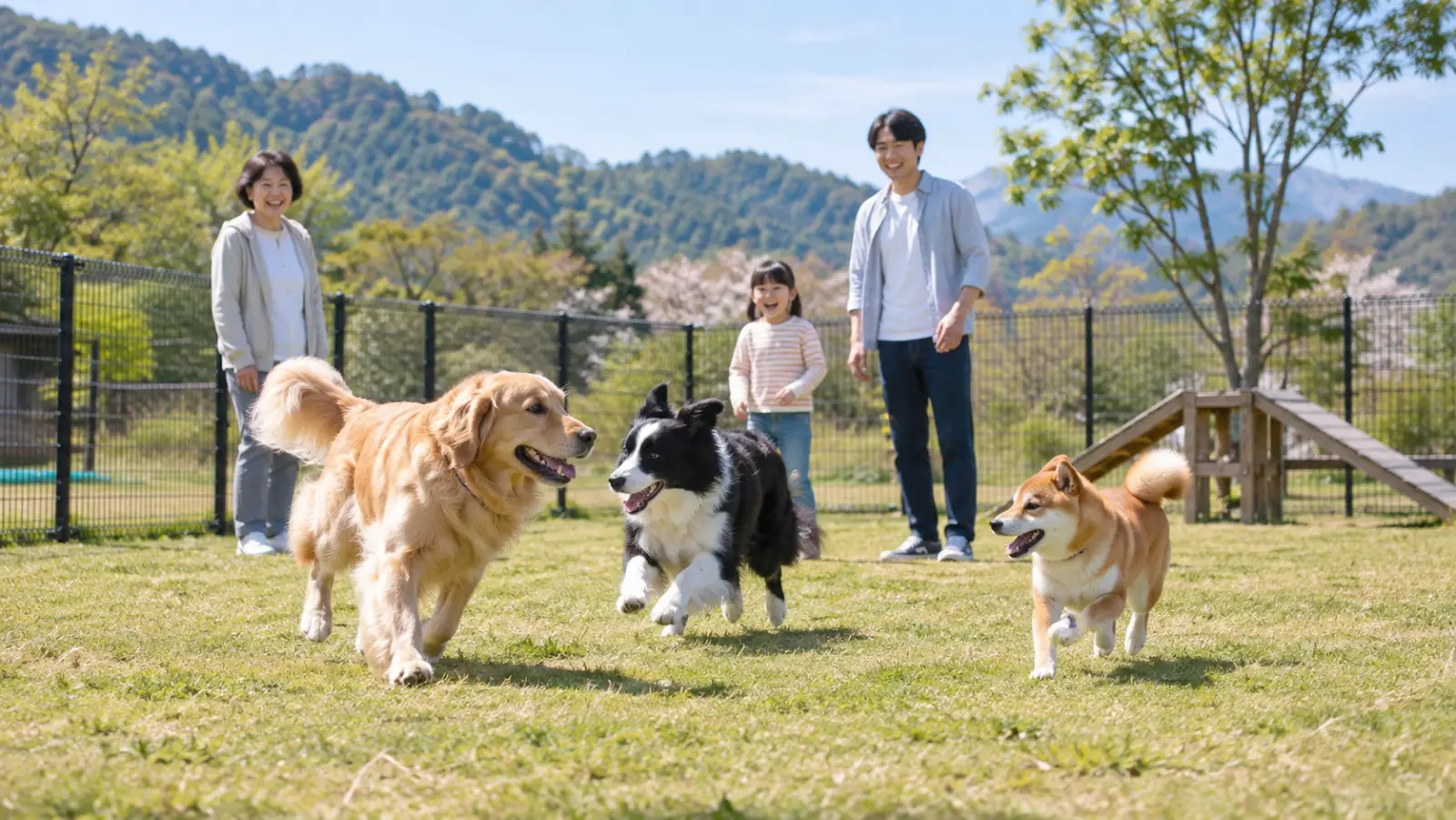 芝生のドッグランを走るゴールデン・レトリバーとボーダー・コリーと柴犬、見守る家族（イメージ）