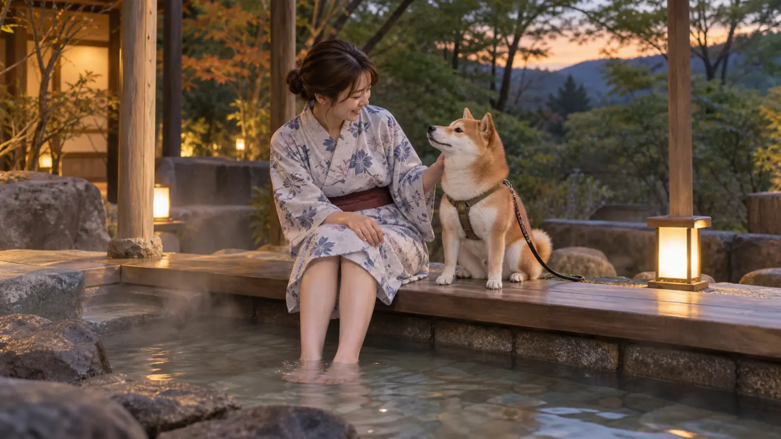 夕方の森の足湯で、浴衣の女性に寄りそう柴犬（イメージ）