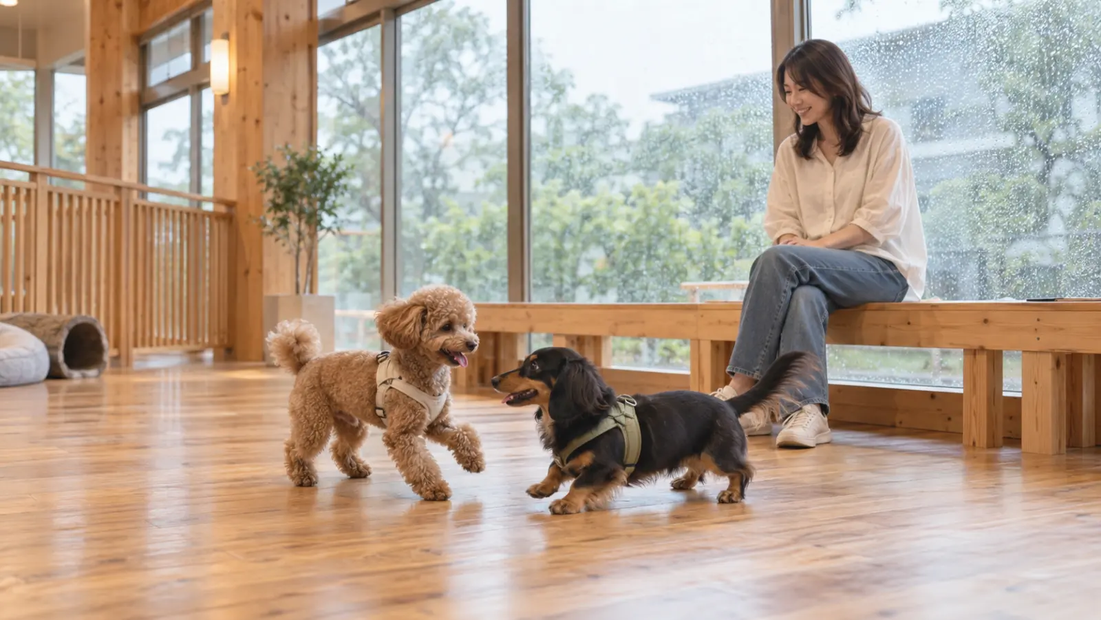 雨の日の屋内ドッグランで遊ぶトイ・プードルとダックスフンドと、窓ぎわで見守る女性（イメージ）