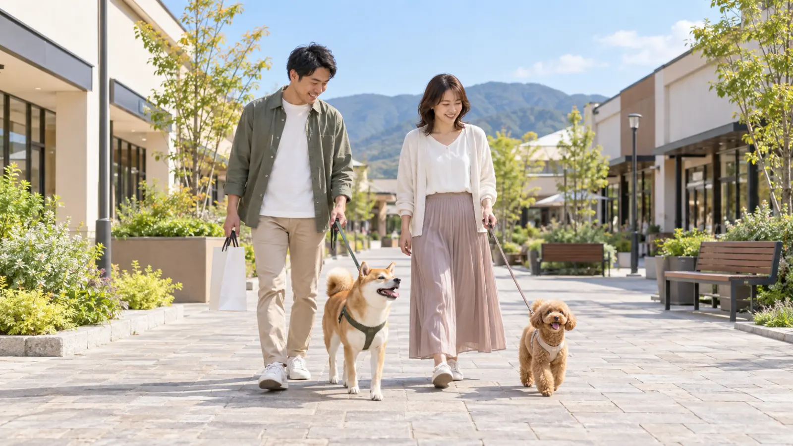 屋外型のアウトレットの石畳の通路を、柴犬とトイ・プードルと歩く夫婦（イメージ）