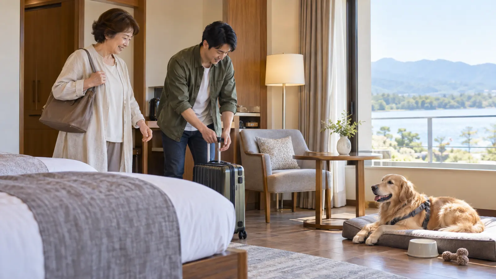 湖の見える客室に着いた夫婦と、犬用のベッドで休むゴールデン・レトリバー(イメージ)