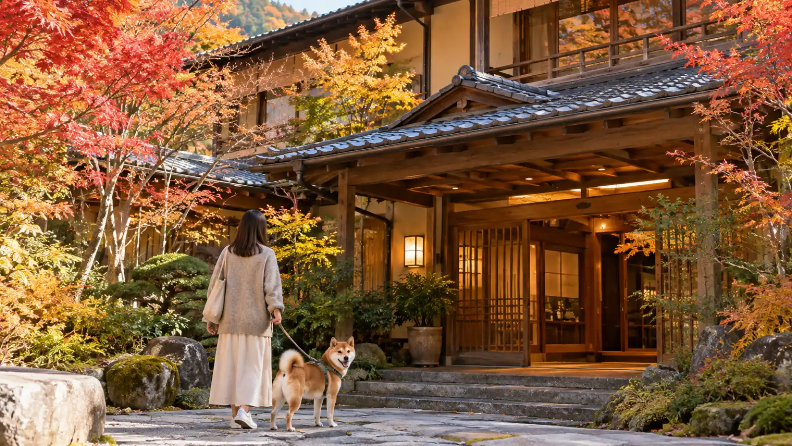 紅葉の旅館の玄関へ、柴犬と歩く女性(イメージ)