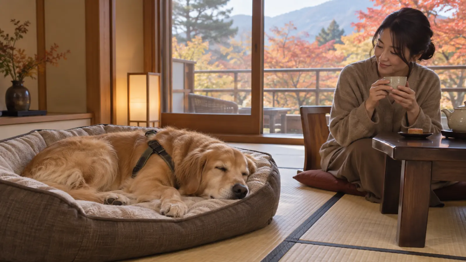 紅葉の見える畳の客室で、犬用のベッドで眠るゴールデン・レトリバー(イメージ)