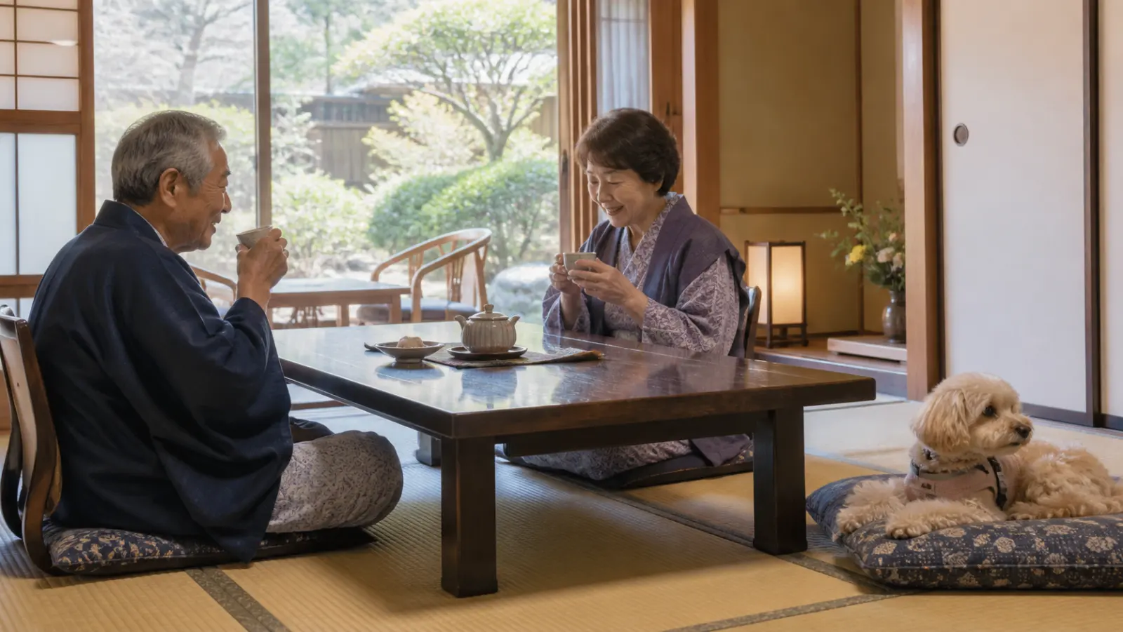 旅館の和室で座卓を囲んでお茶を飲む年配の夫婦と、座布団で伏せる小型犬（イメージ）