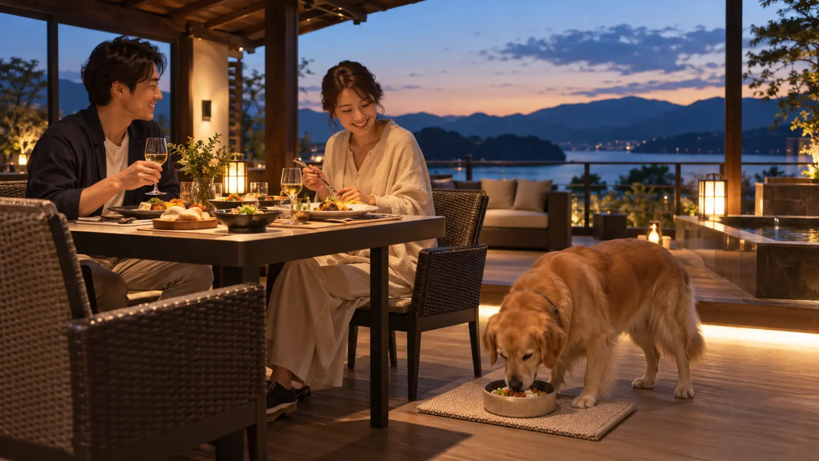 湖の見えるテラスで夕食をとる二人と、器から食べるゴールデン・レトリバー(イメージ)